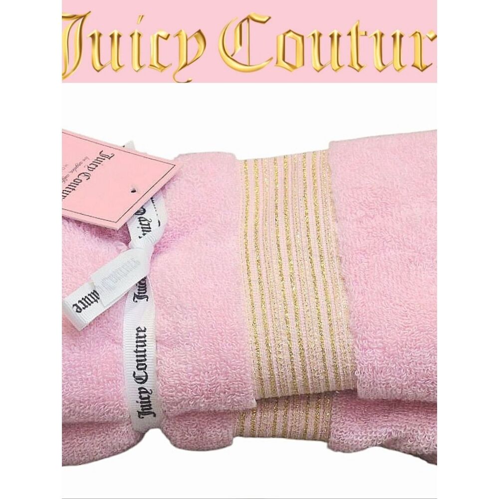 Juicy Couture Home Gold Embrodiered Stripe Hand Towel Set- Pink/Gold